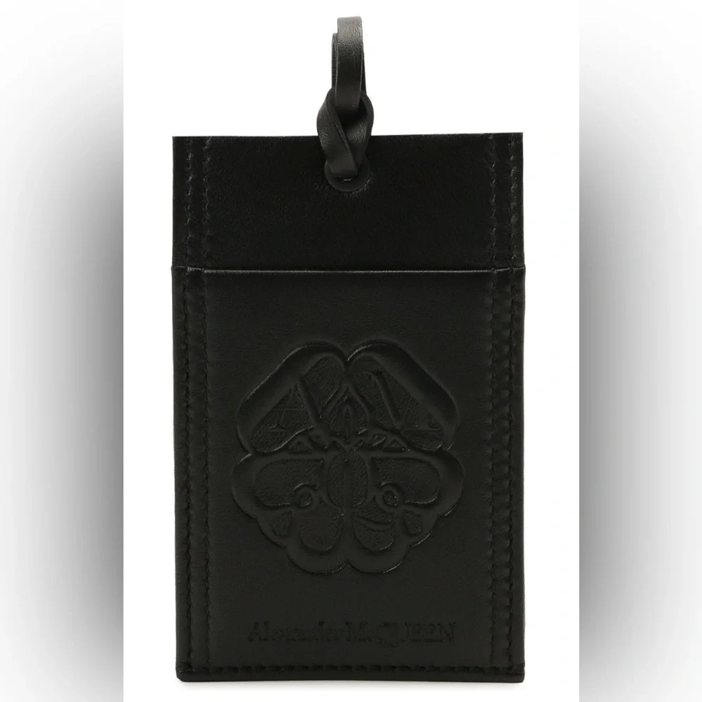 Alexander McQueen Black Leather Card Holder with Strap Lanyard New